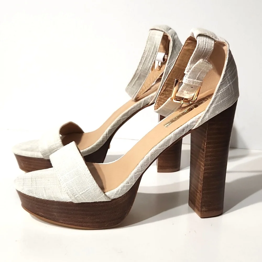 NEW Billini Tahiti White Linen Wood Platform Heels Size 10